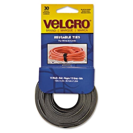 Velcro Brand Cable Tie, 15 in L, Black, Gray, Nylon, 25 lb Strength 94257